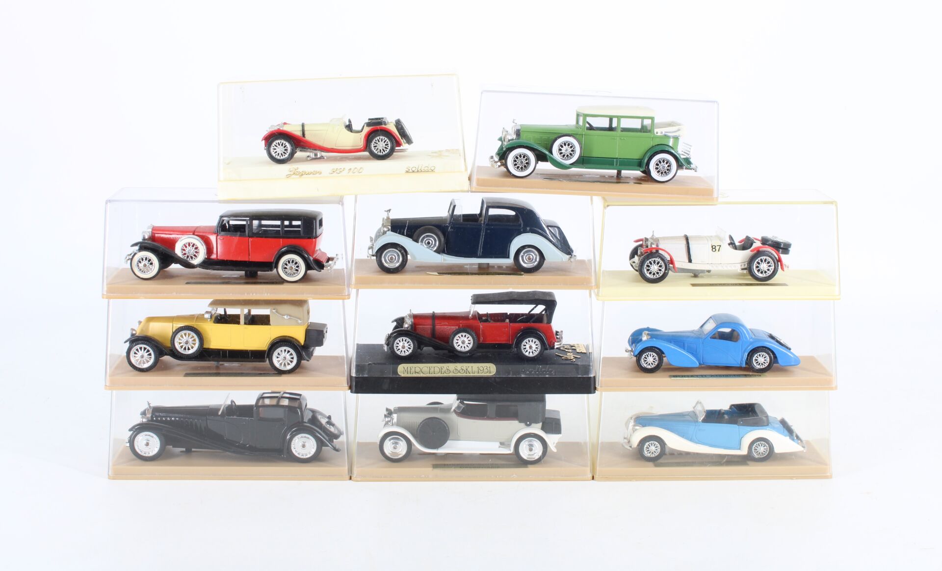 Lot de 11 véhicules miniatures 1920/1940 - Bugatti, Jaguar, Mercedes, Cadillac, Rolls Royce...